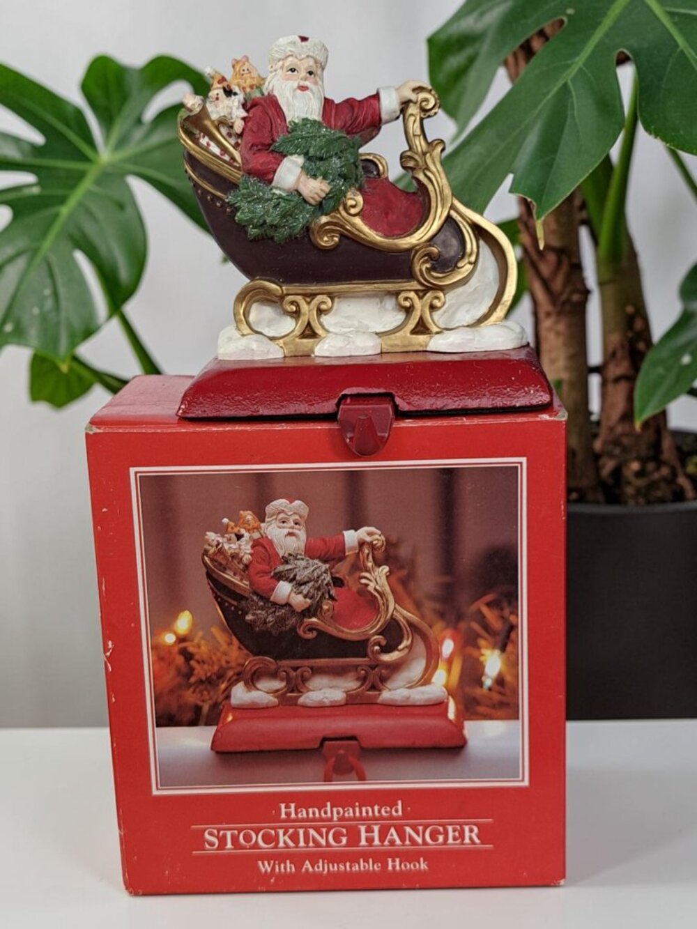 Potpourri Christmas Stocking Hanger Holder Santa in Sleigh Vintage Holiday